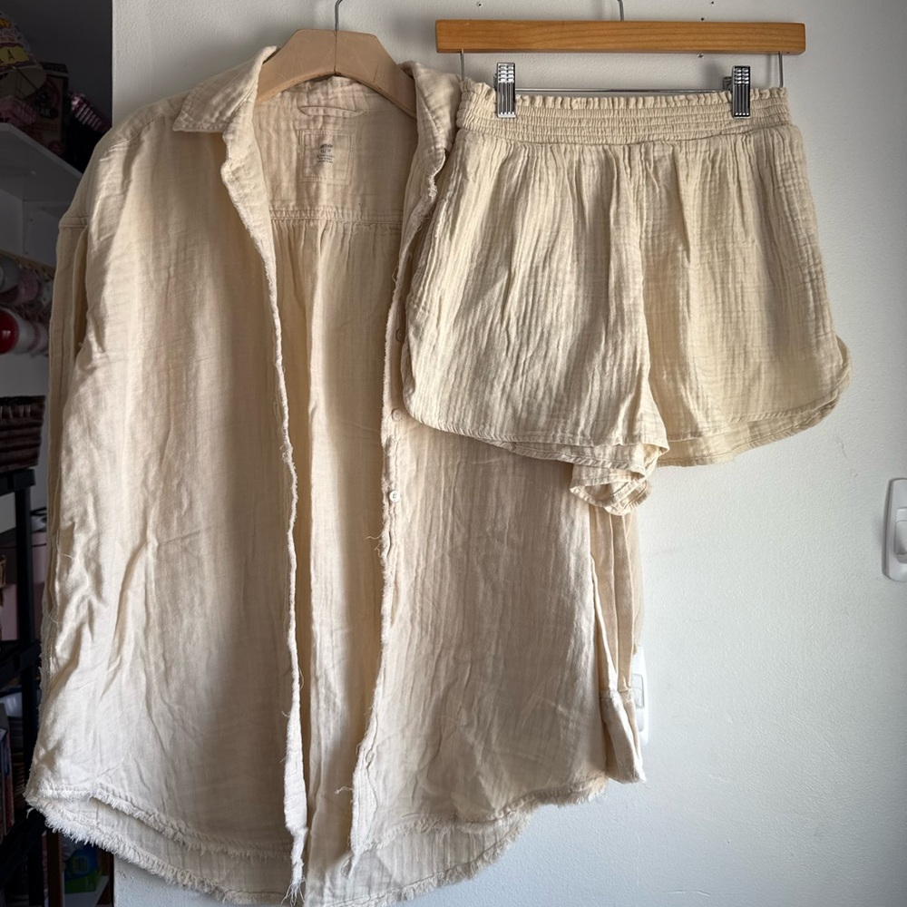 Aerie Pool To Party Set Coverup Gauze Tan Beige Size Xsmall Small